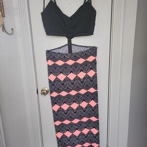 2B Bebe Black Crop Top with Black and Coral Patterned Maxi Skirt Dress
